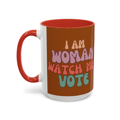 I Am Woman Watch Me Vote Brown Accent Mug by theGreenDragonTavern.shop