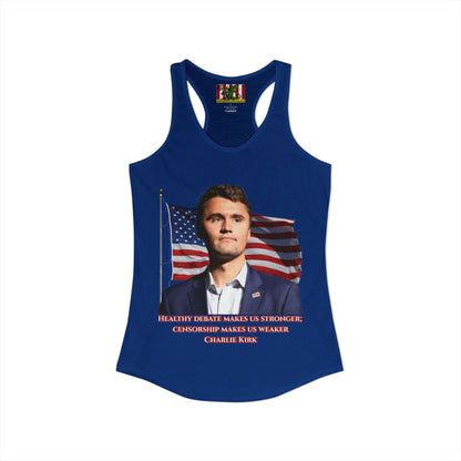 Charlie Kirk, Healthy Debate Women's Racerback Tank Top by theGreenDragonTavern.shop