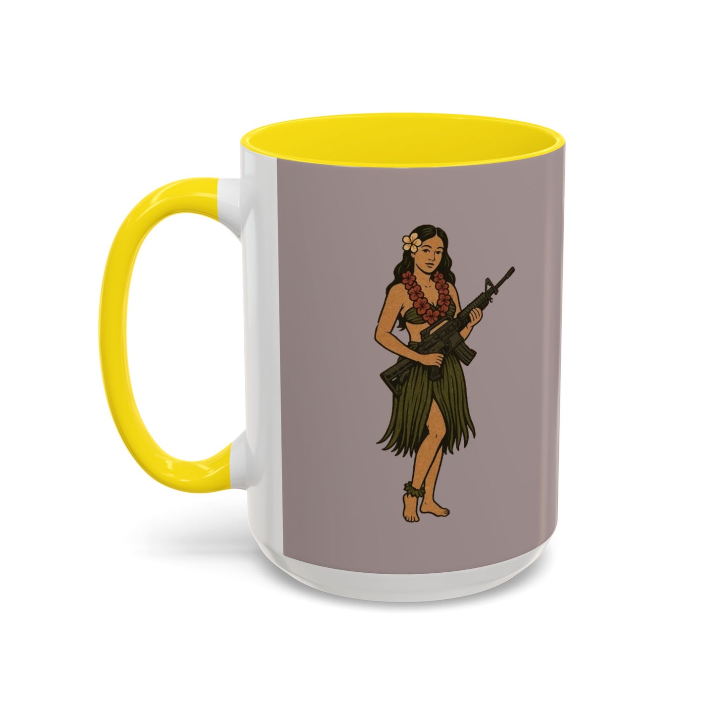 Hula Girl Packin' Heat Grey Accent Mug by theGreenDragonTavern.shop