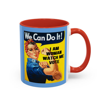 I Am Woman Watch Me Vote Rosie Light Blue Accent Mug by theGreenDragonTavern.shop