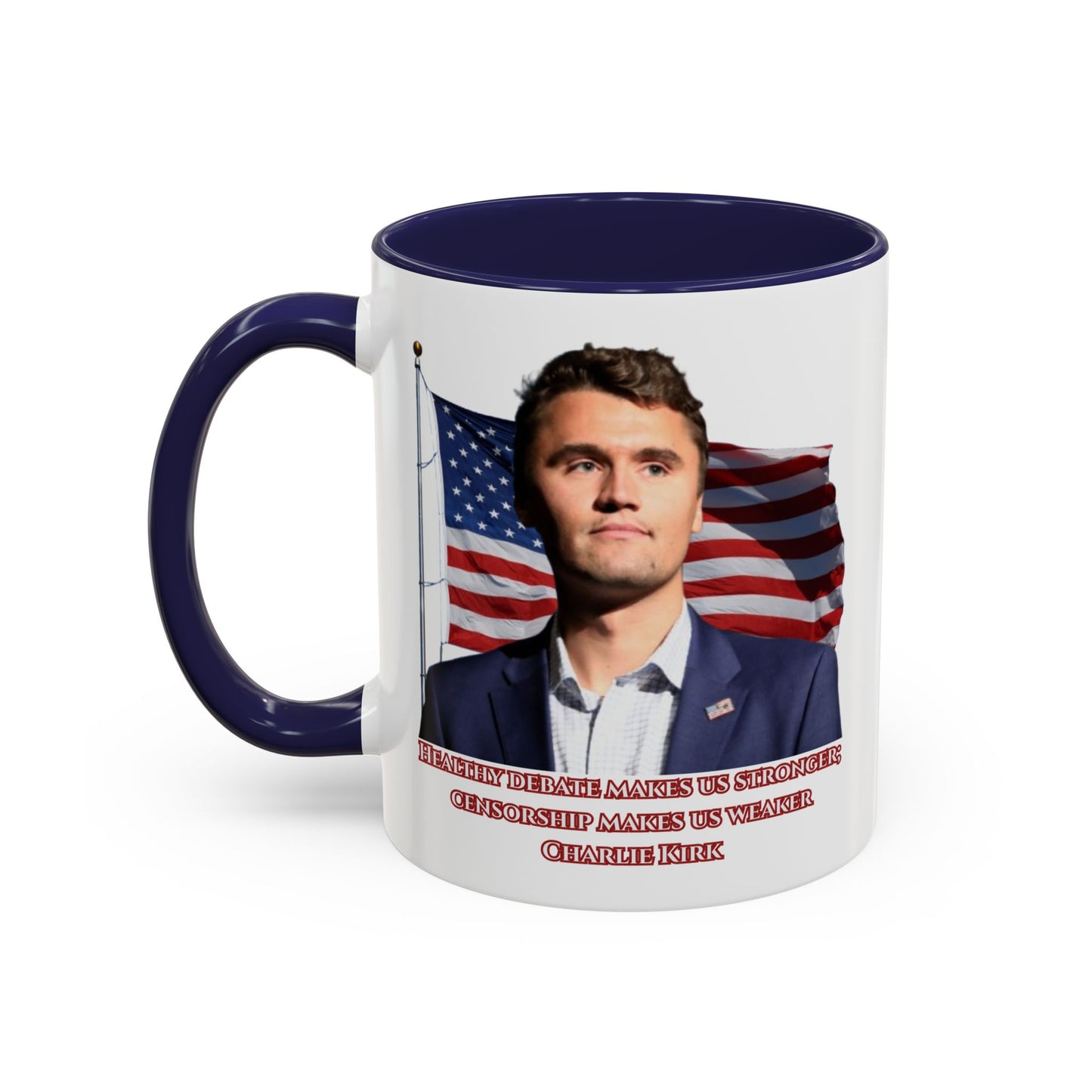Charlie Kirk, Healthy Debate White Accent Mug by theGreenDragonTavern.shop