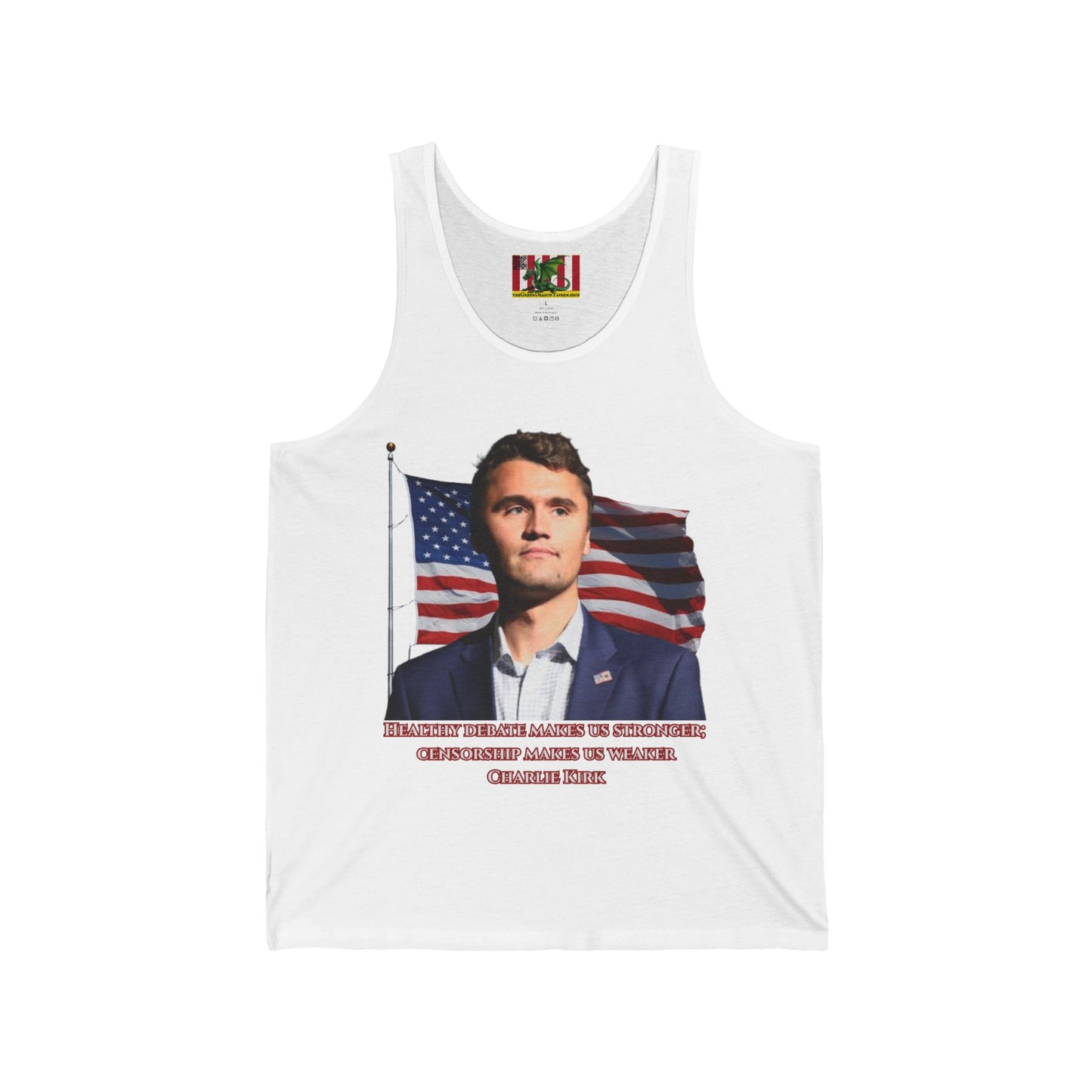 Charlie Kirk, Healthy Debate Unisex Jersey Tank Top by theGreenDragonTavern.shop
