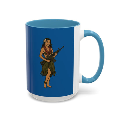 Hula Girl Packin' Heat Dark Blue Accent Mug by theGreenDragonTavern.shop