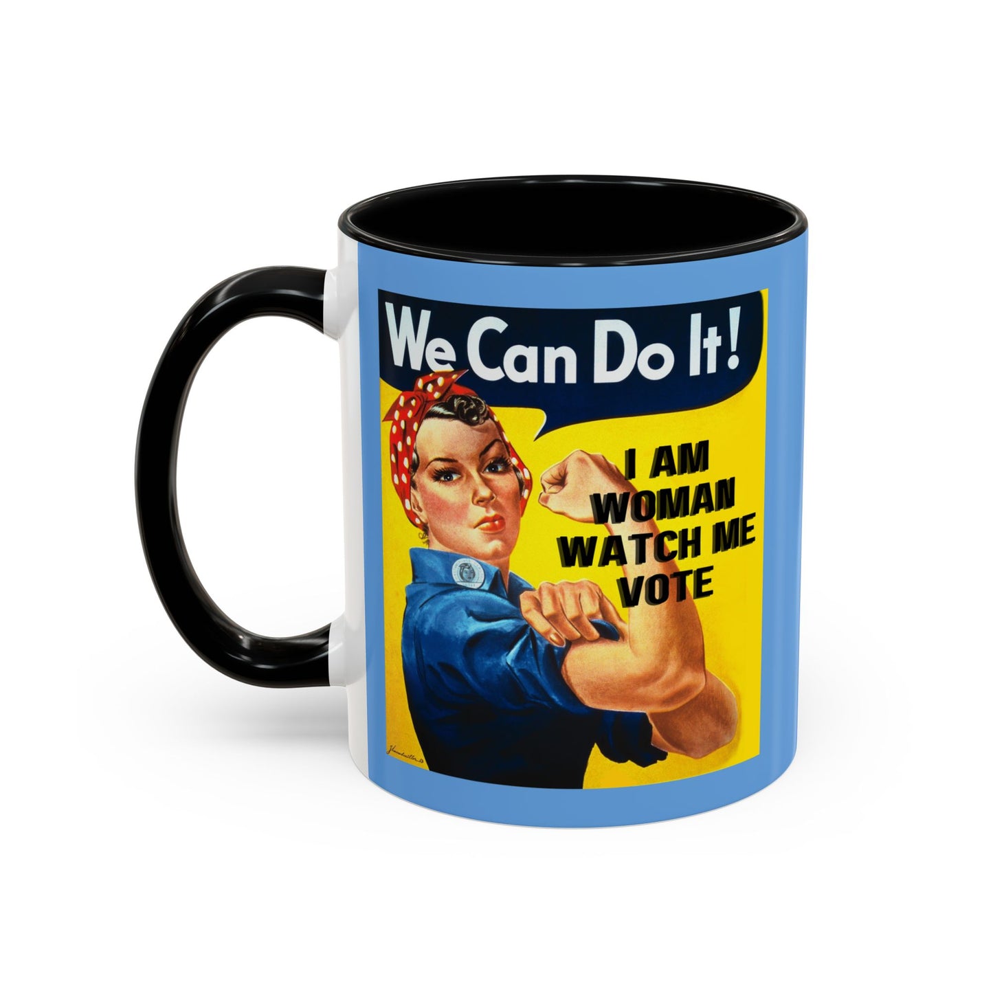 I Am Woman Watch Me Vote Rosie Light Blue Accent Mug by theGreenDragonTavern.shop