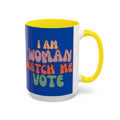I Am Woman Watch Me Vote Dark Blue Accent Mug by theGreenDragonTavern.shop