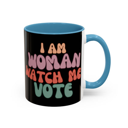 I Am Woman Watch Me Vote Black Accent Mug by theGreenDragonTavern.shop