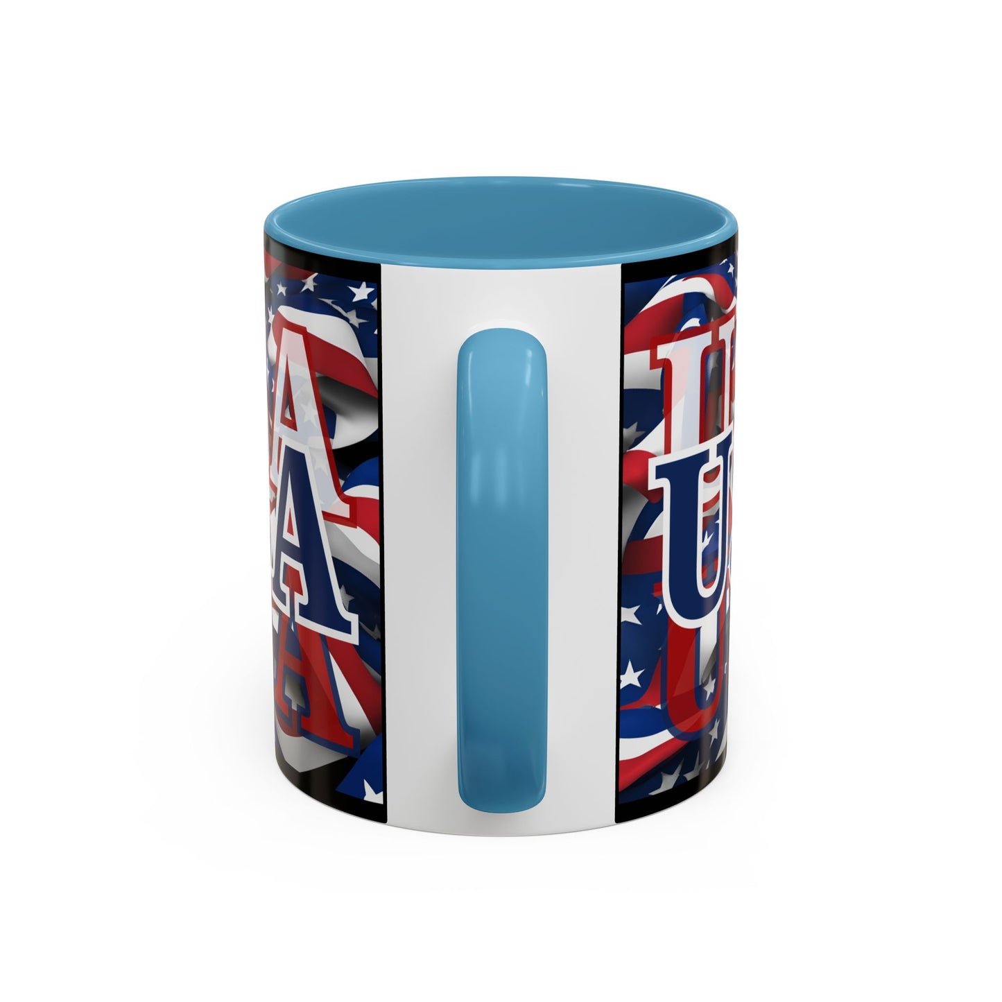 USA Blue font Center Patriot Black Accent Mug by theGreenDragonTavern.shop