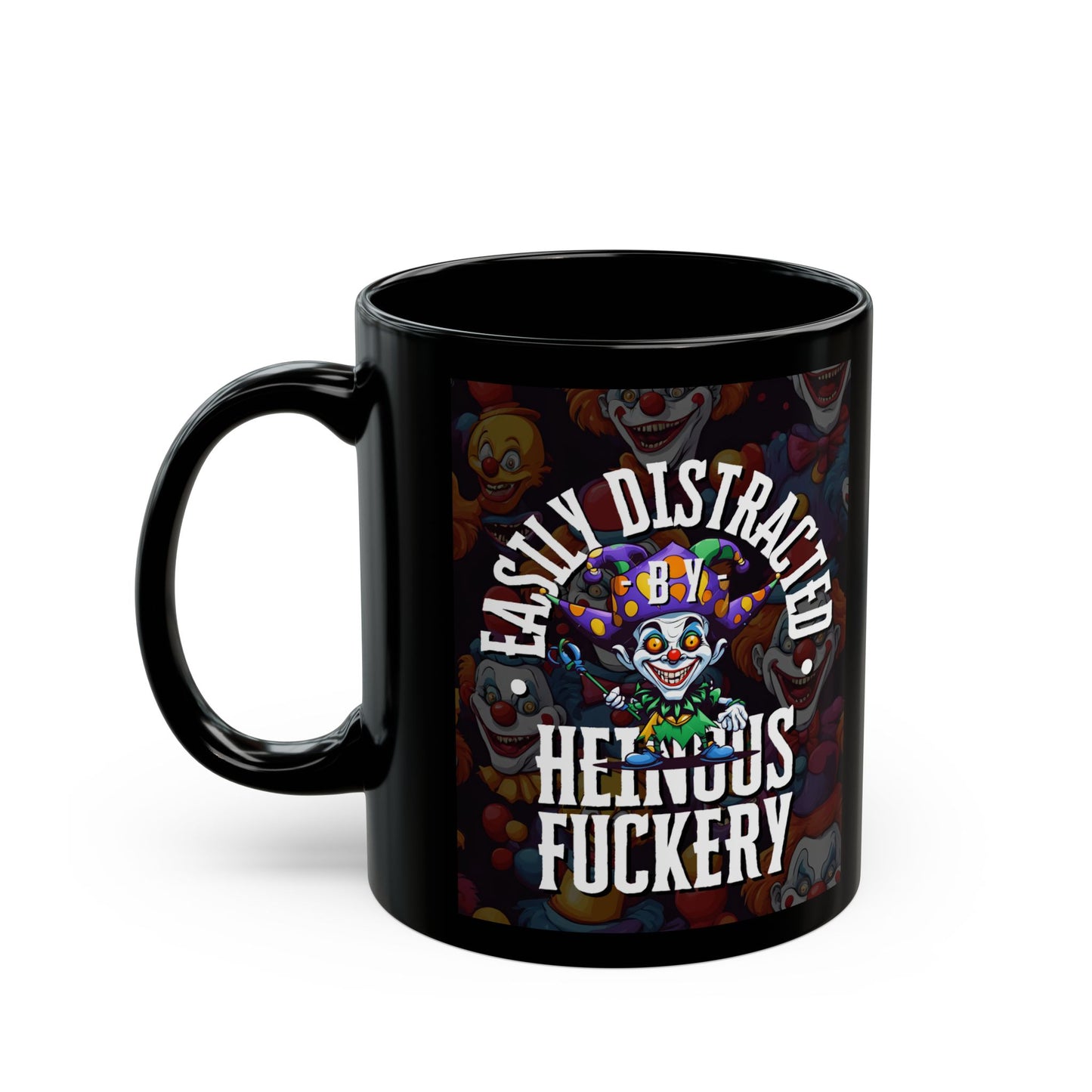 Easily Distracted by Heinous Fuckery Little Jincs Black Mug by theGreenDragonTavern.shop