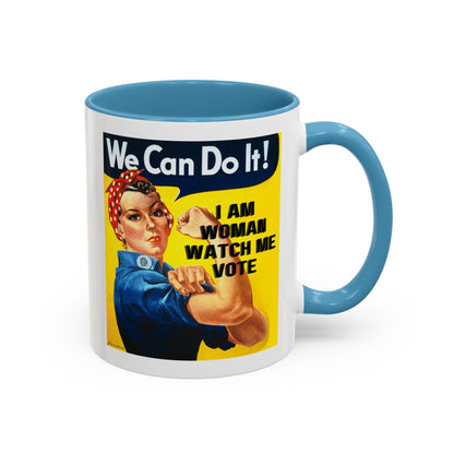I Am Woman Watch Me Vote Rosie White Accent Mug by theGreenDragonTavern.shop