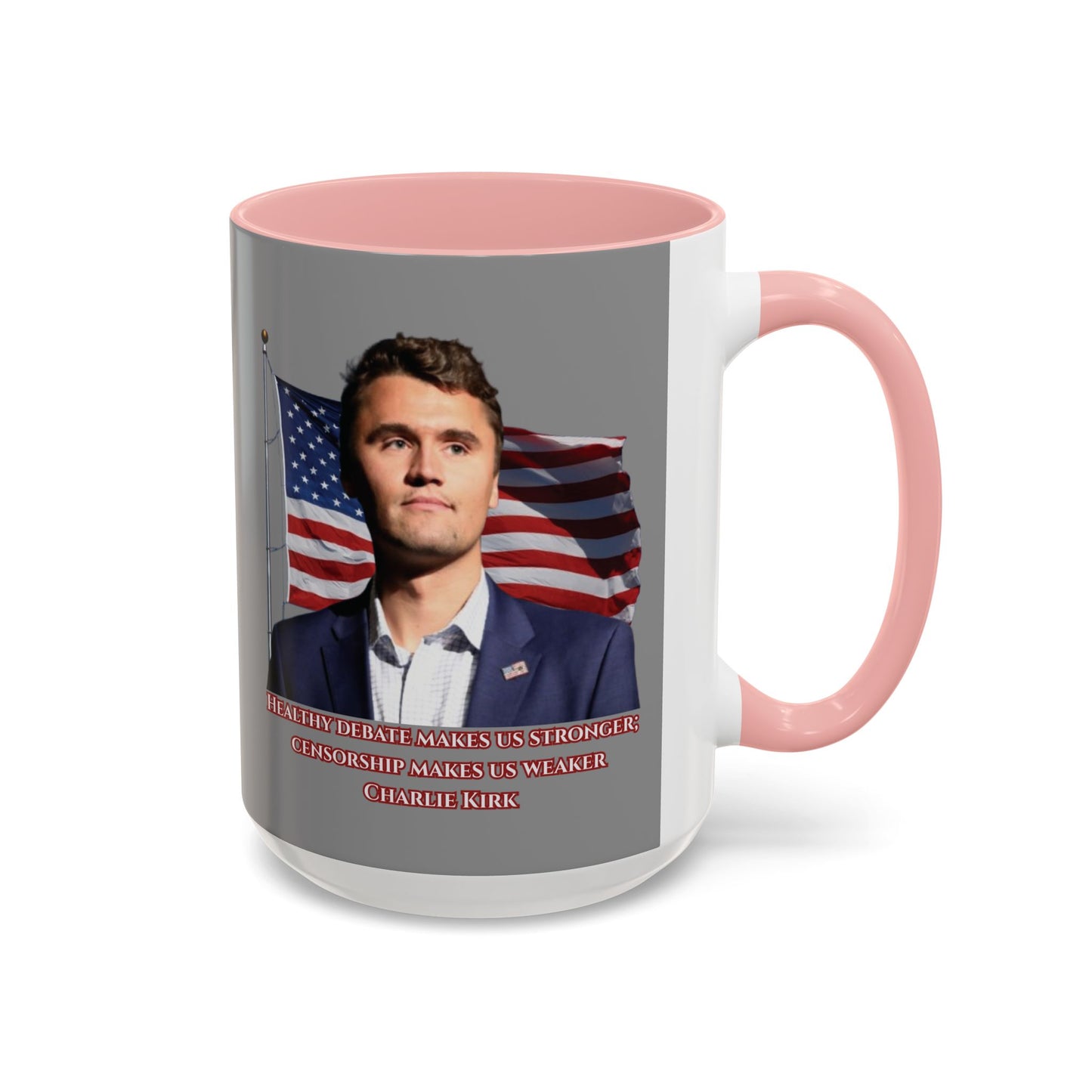 Charlie Kirk, Healthy Debate Grey Accent Mug by theGreenDragonTavern.shop
