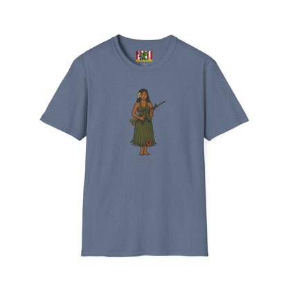 2-sided, Hula Girl Packin' Heat Dark colors Unisex T-Shirt by theGreenDragonTavern.shop