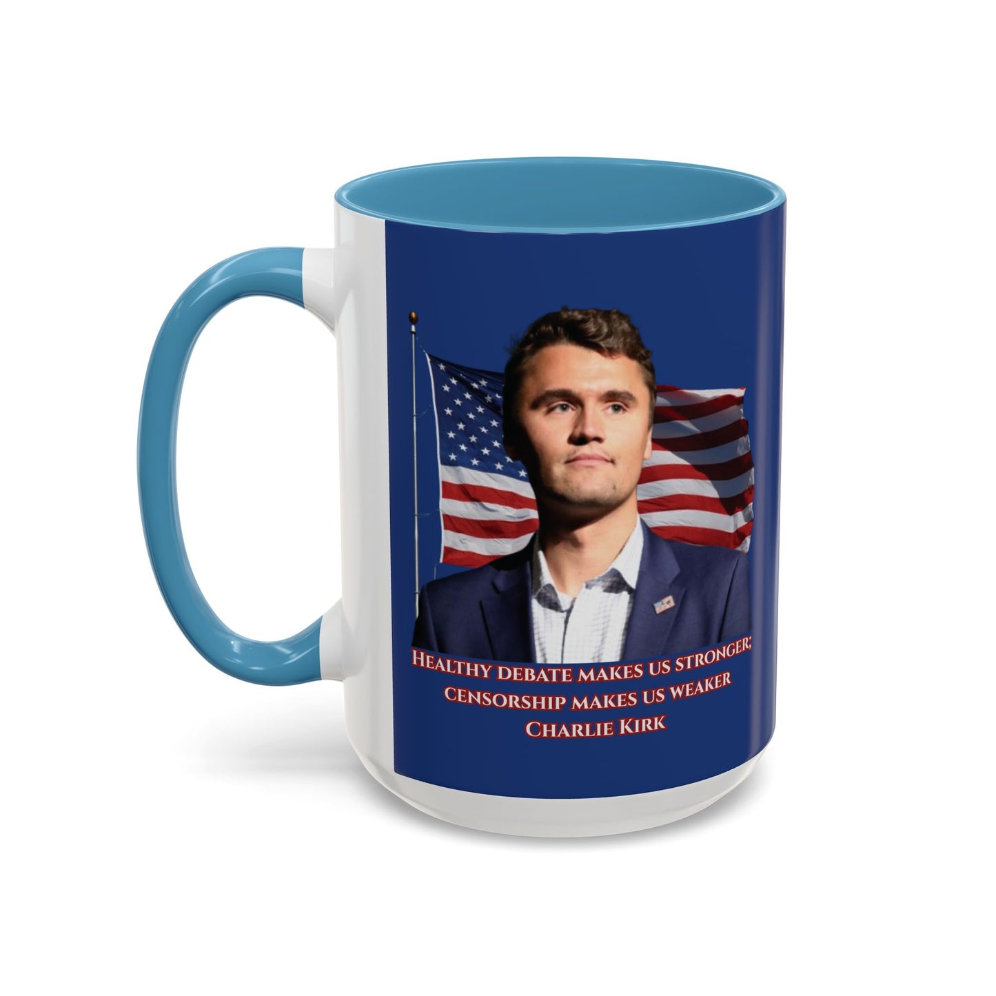 Charlie Kirk, Healthy Debate Blue Accent Mug by theGreenDragonTavern.shop