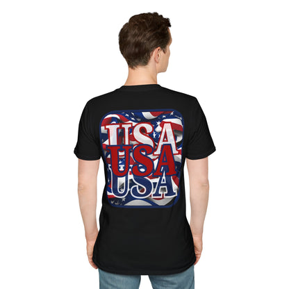 2-sided, RED White and Blue USA Patriot Dark colors Unisex T-Shirt by theGreenDragonTavern.shop