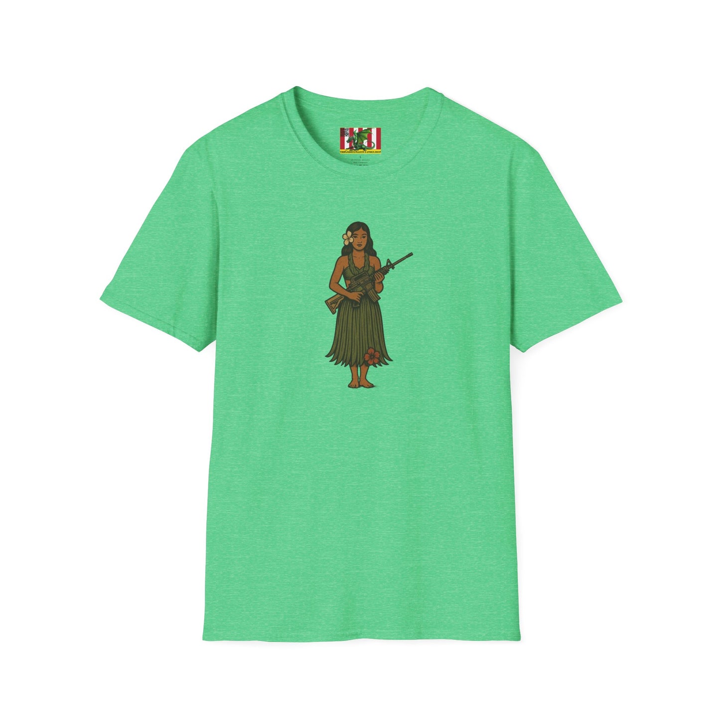 2-sided, Hula Girl Packin' Heat Dark colors Unisex T-Shirt by theGreenDragonTavern.shop