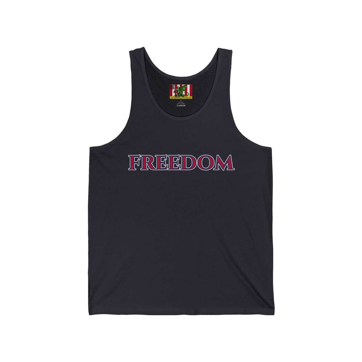Freedom, Red font Unisex Jersey Tank Top by theGreenDragonTavern.shop