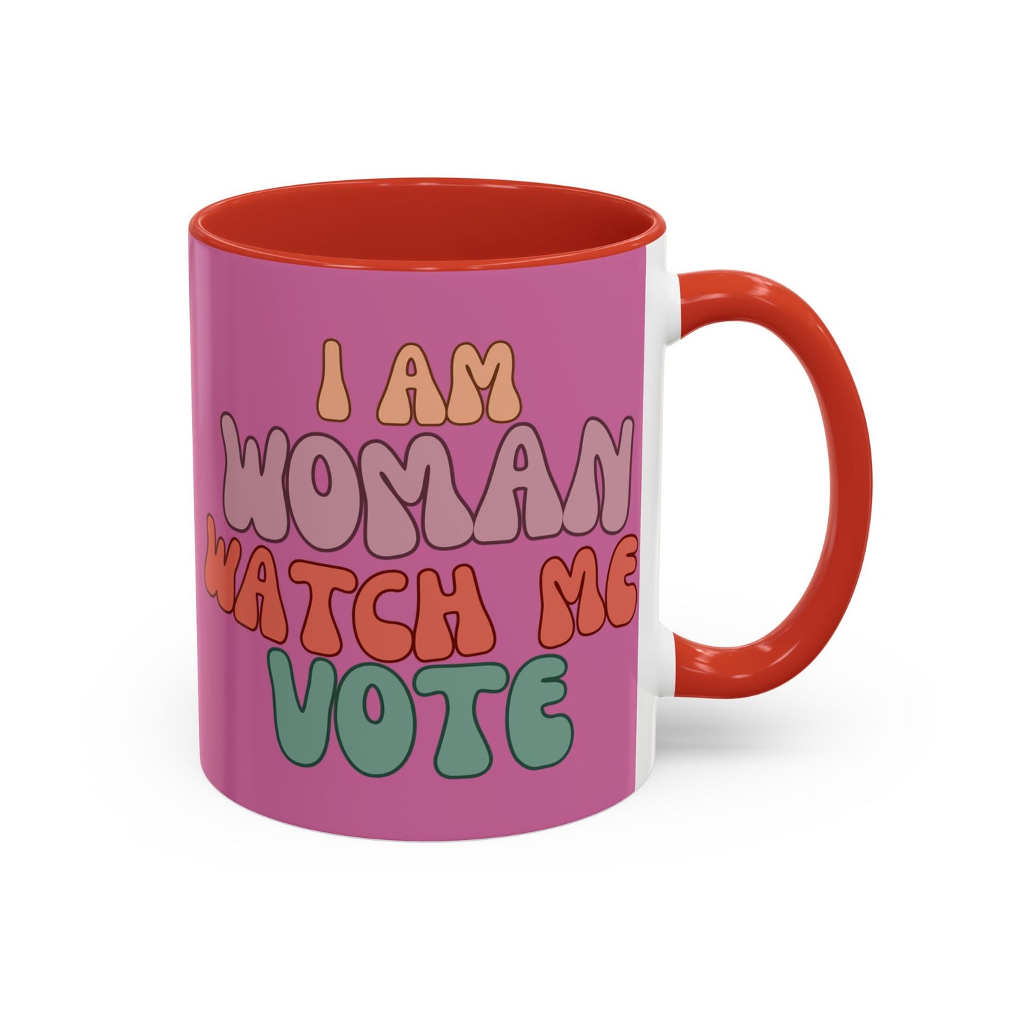 I Am Woman Watch Me Vote Pink Accent Mug by theGreenDragonTavern.shop