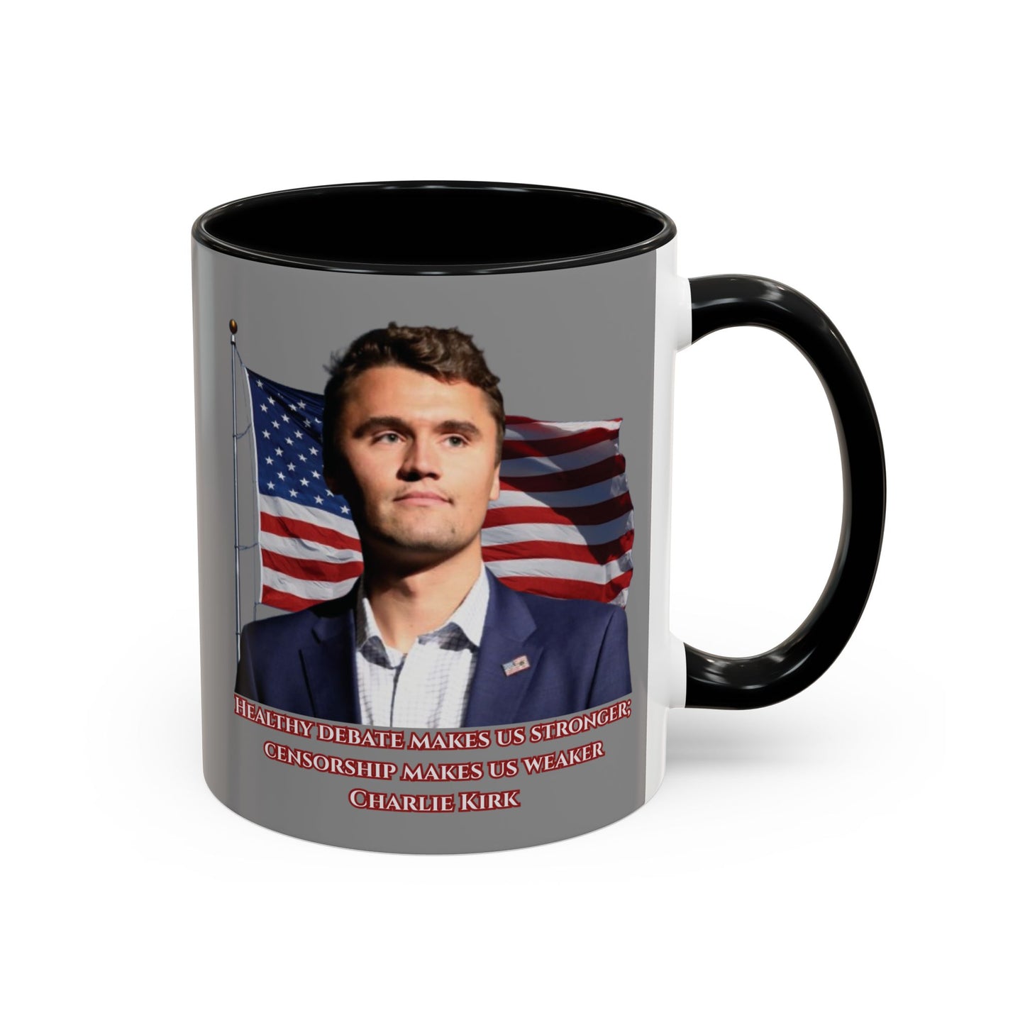 Charlie Kirk, Healthy Debate Grey Accent Mug by theGreenDragonTavern.shop