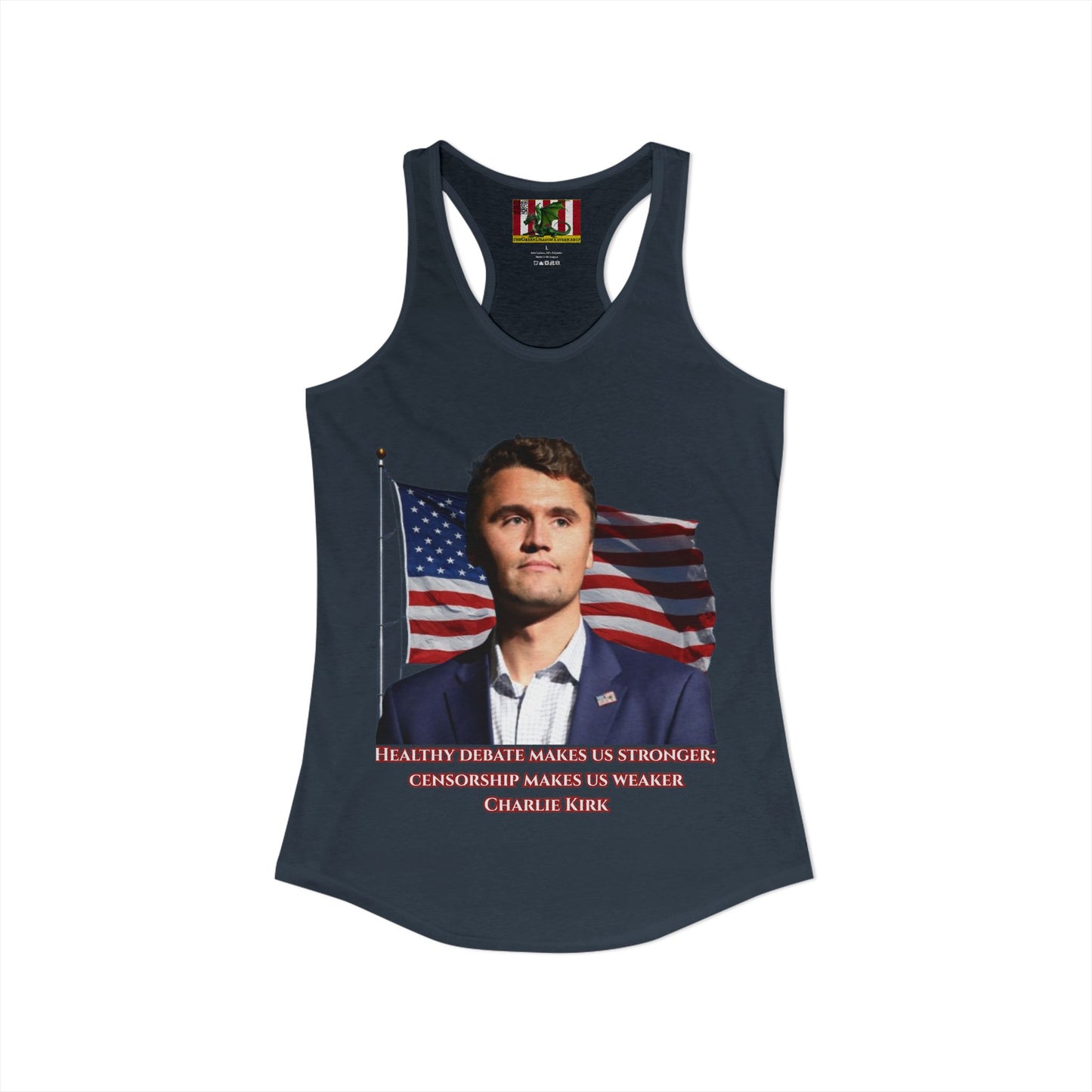 Charlie Kirk, Healthy Debate Women's Racerback Tank Top by theGreenDragonTavern.shop