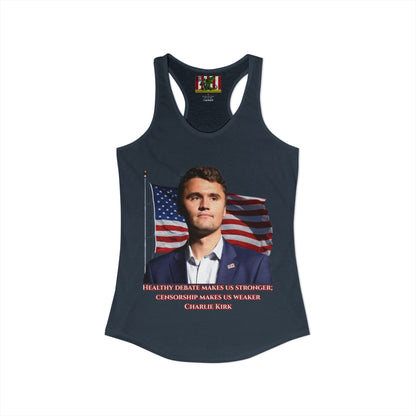 Charlie Kirk, Healthy Debate Women's Racerback Tank Top by theGreenDragonTavern.shop