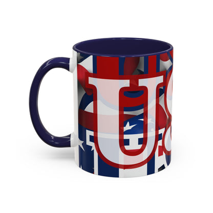USA! USA! USA White font Patriot White Accent Mug by theGreenDragonTavern.shop