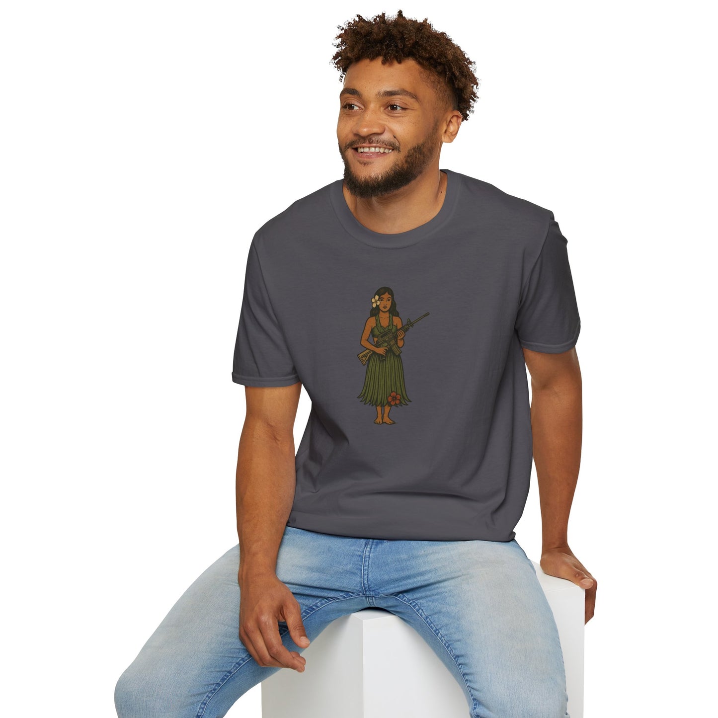2-sided, Hula Girl Packin' Heat Dark colors Unisex T-Shirt by theGreenDragonTavern.shop
