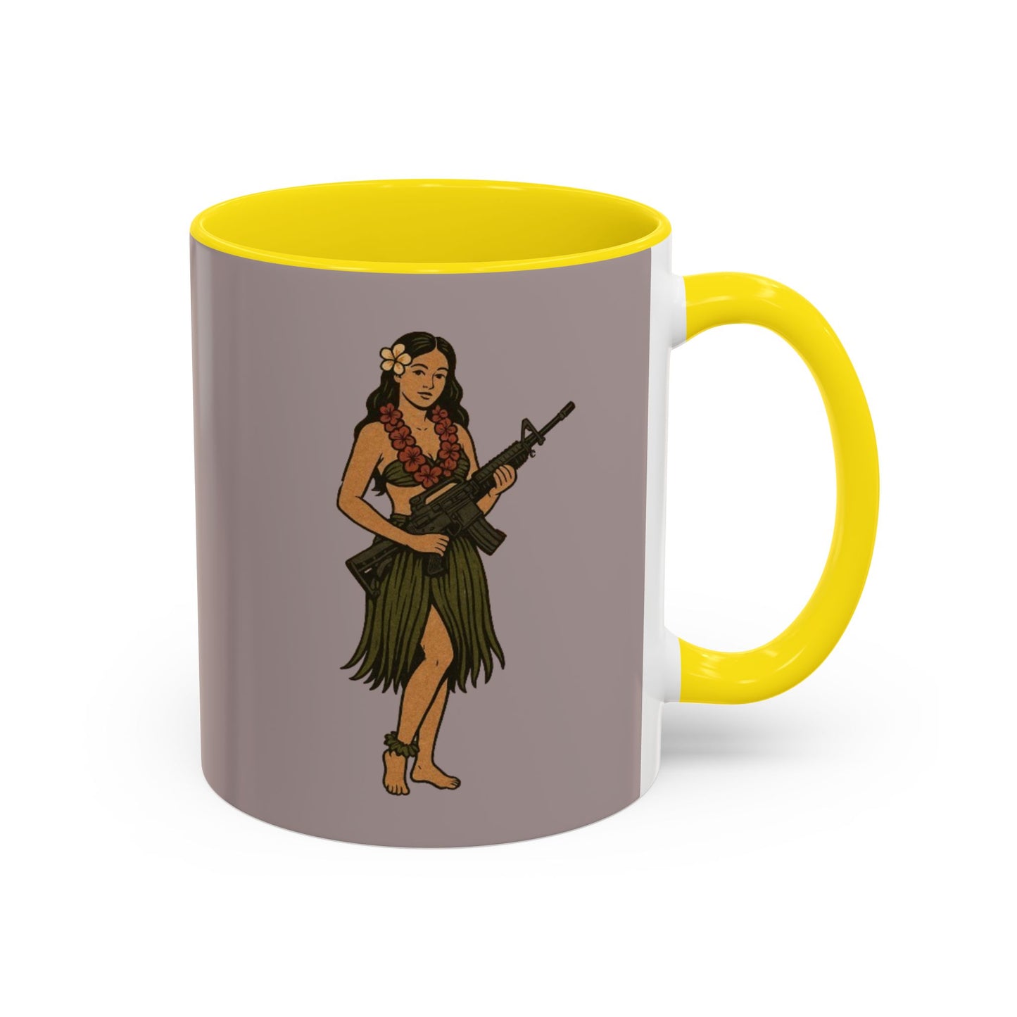 Hula Girl Packin' Heat Grey Accent Mug by theGreenDragonTavern.shop