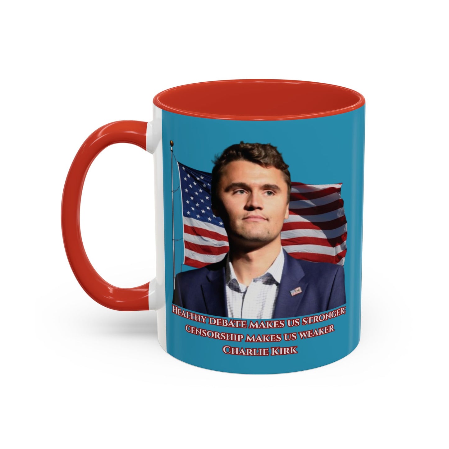 Charlie Kirk, Healthy Debate Turquoise Accent Mug by theGreenDragonTavern.shop