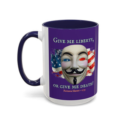 Vendetta, "Give me liberty, or give me death!" Purple Accent Mug by theGreenDragonTavern.shop