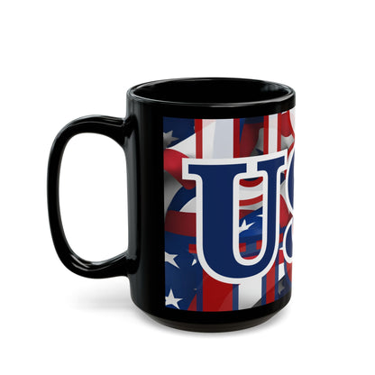 USA! USA! USA Blue font Patriot Black Mug by theGreenDragonTavern.shop