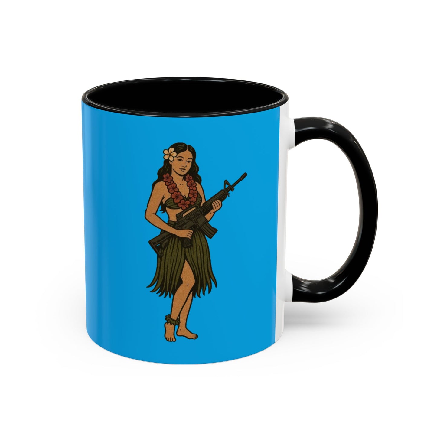 Hula Girl Packin' Heat Light Blue Accent Mug by theGreenDragonTavern.shop