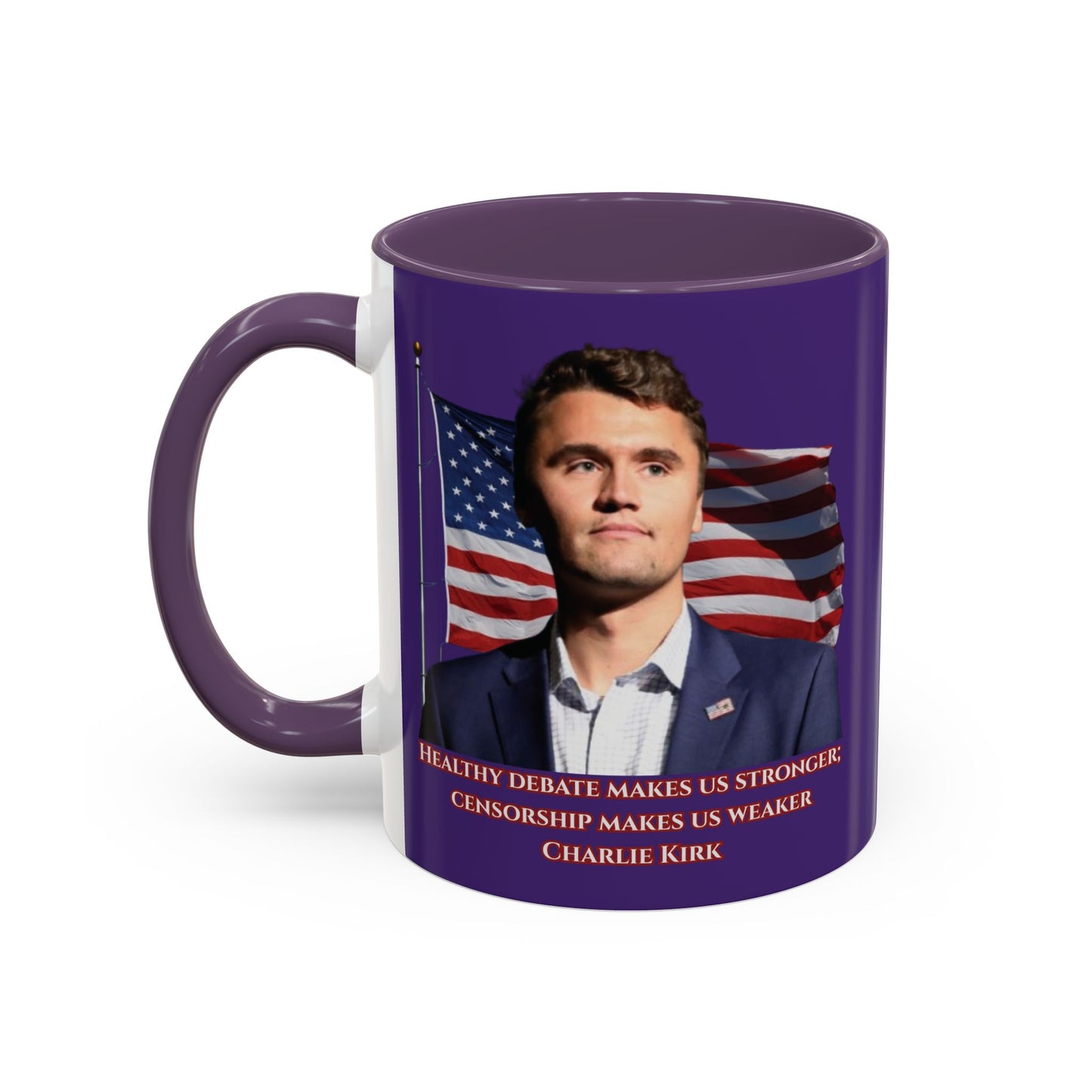 Charlie Kirk, Healthy Debate Purple Accent Mug by theGreenDragonTavern.shop