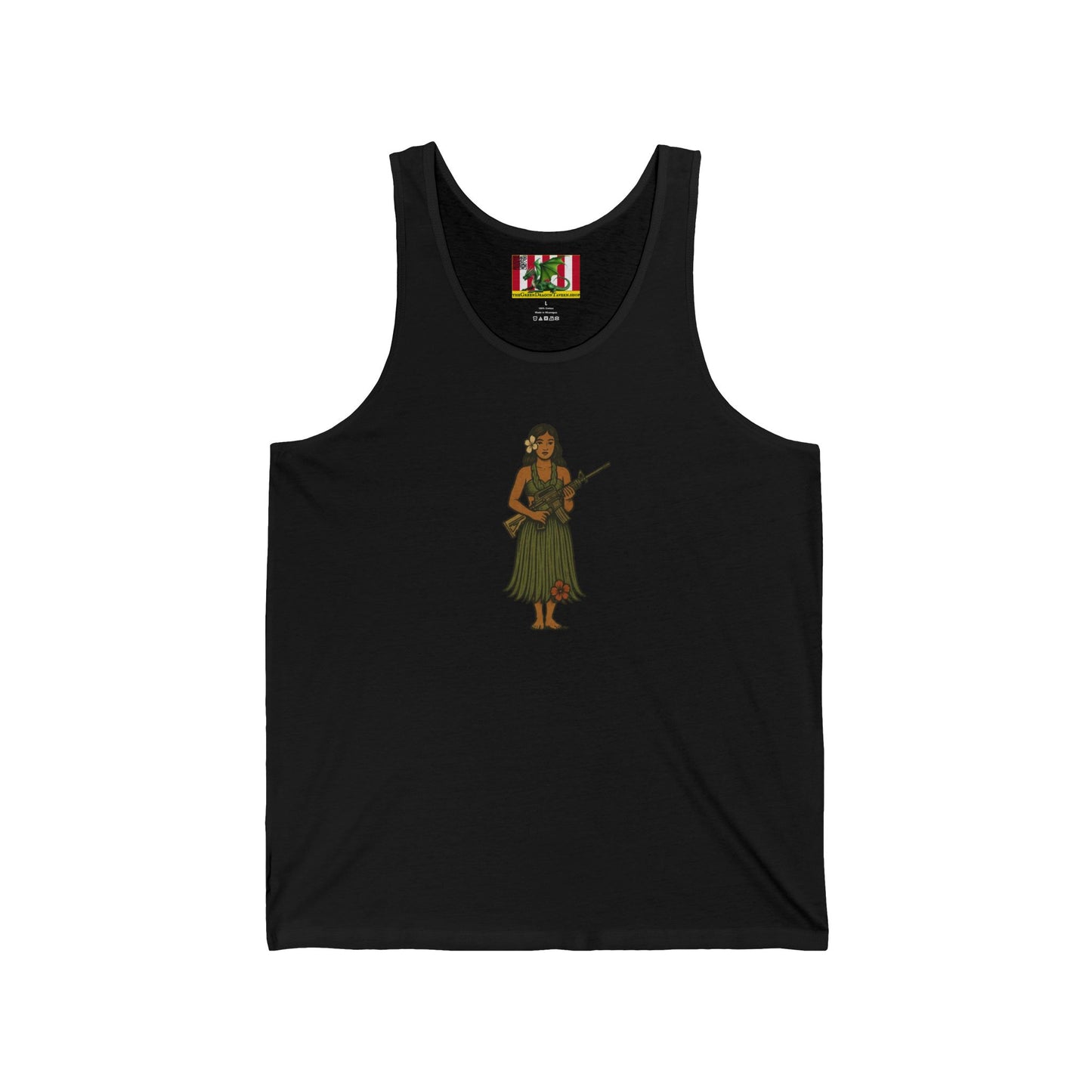 2-sided, Hula Girl Packin' Heat Unisex Jersey Tank Top by theGreenDragonTavern.shop
