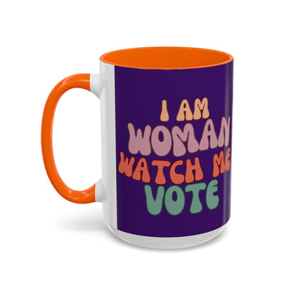 I Am Woman Watch Me Vote Dark Purple Accent Mug by theGreenDragonTavern.shop