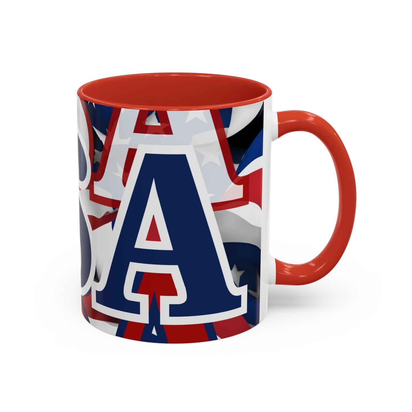USA! USA! USA Blue font Patriot White Accent Mug by theGreenDragonTavern.shop