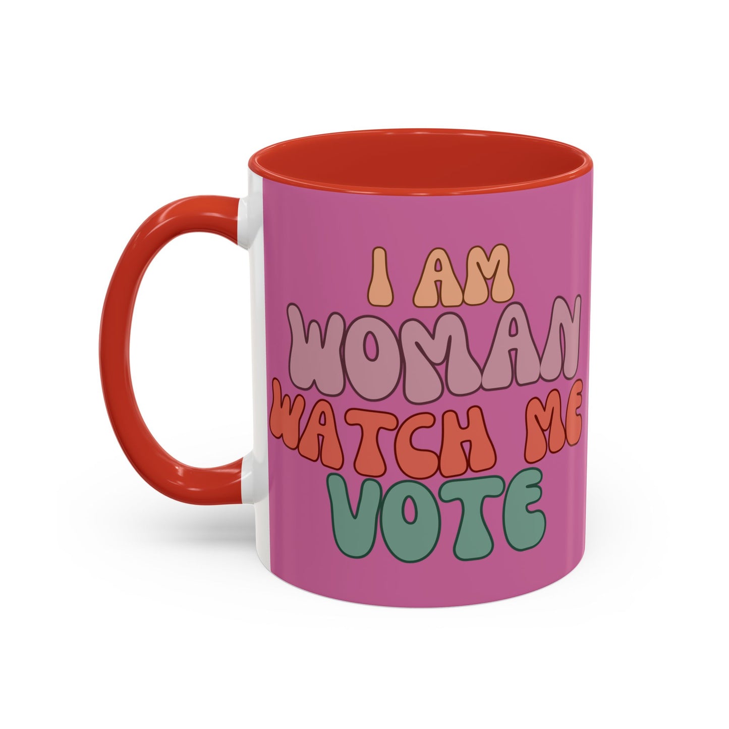 I Am Woman Watch Me Vote Pink Accent Mug by theGreenDragonTavern.shop