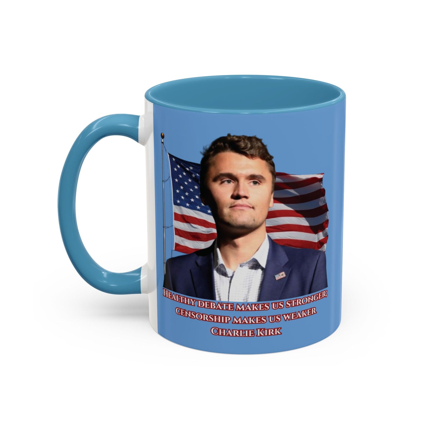 Charlie Kirk, Healthy Debate Light Blue Accent Mug by theGreenDragonTavern.shop