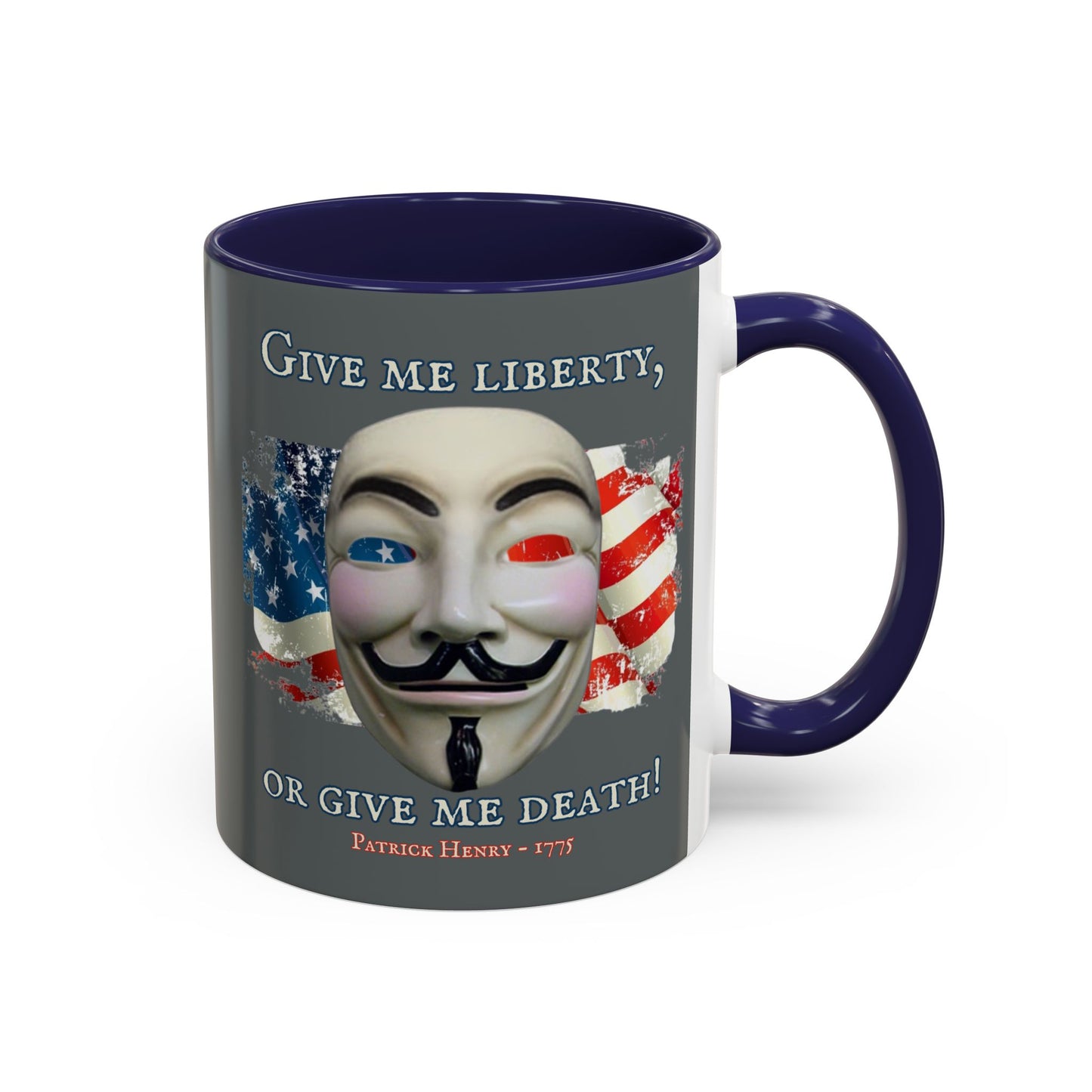 Vendetta, "Give me liberty, or give me death!" Grey Accent Mug by theGreenDragonTavern.shop