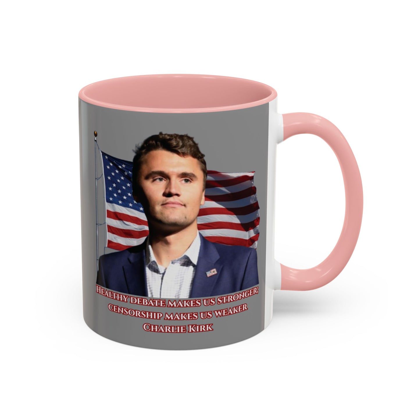 Charlie Kirk, Healthy Debate Grey Accent Mug by theGreenDragonTavern.shop