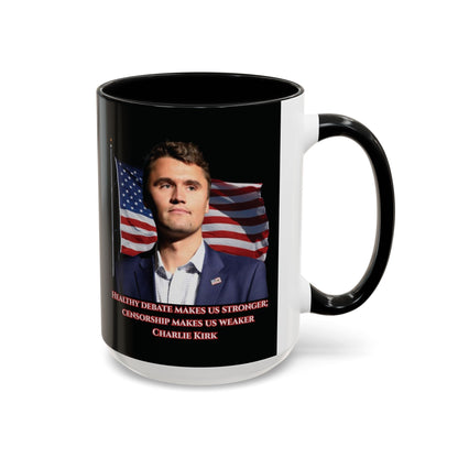 Charlie Kirk, Healthy Debate Black Accent Mug by theGreenDragonTavern.shop