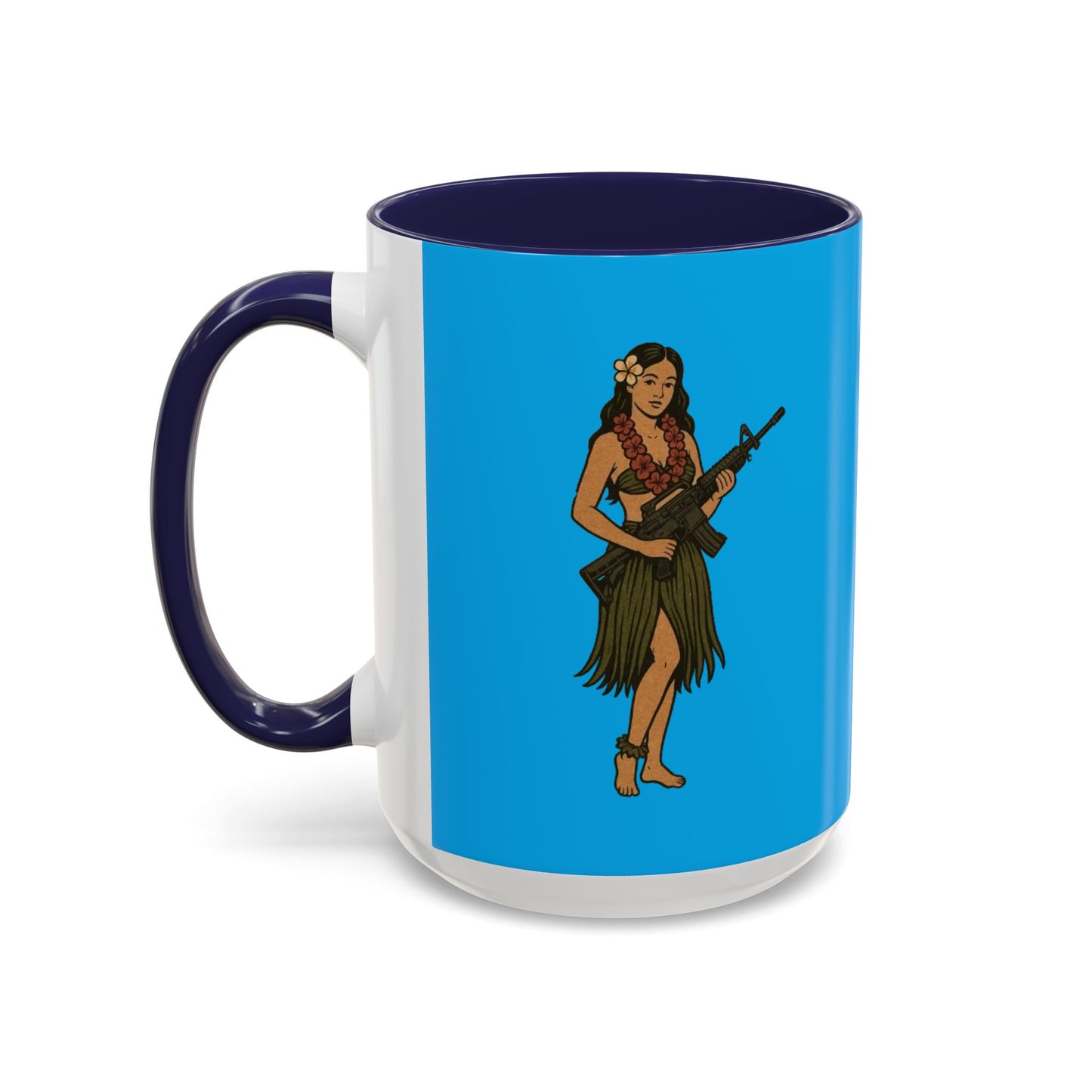 Hula Girl Packin' Heat Light Blue Accent Mug by theGreenDragonTavern.shop