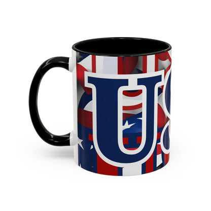 USA! USA! USA Blue font Patriot White Accent Mug by theGreenDragonTavern.shop