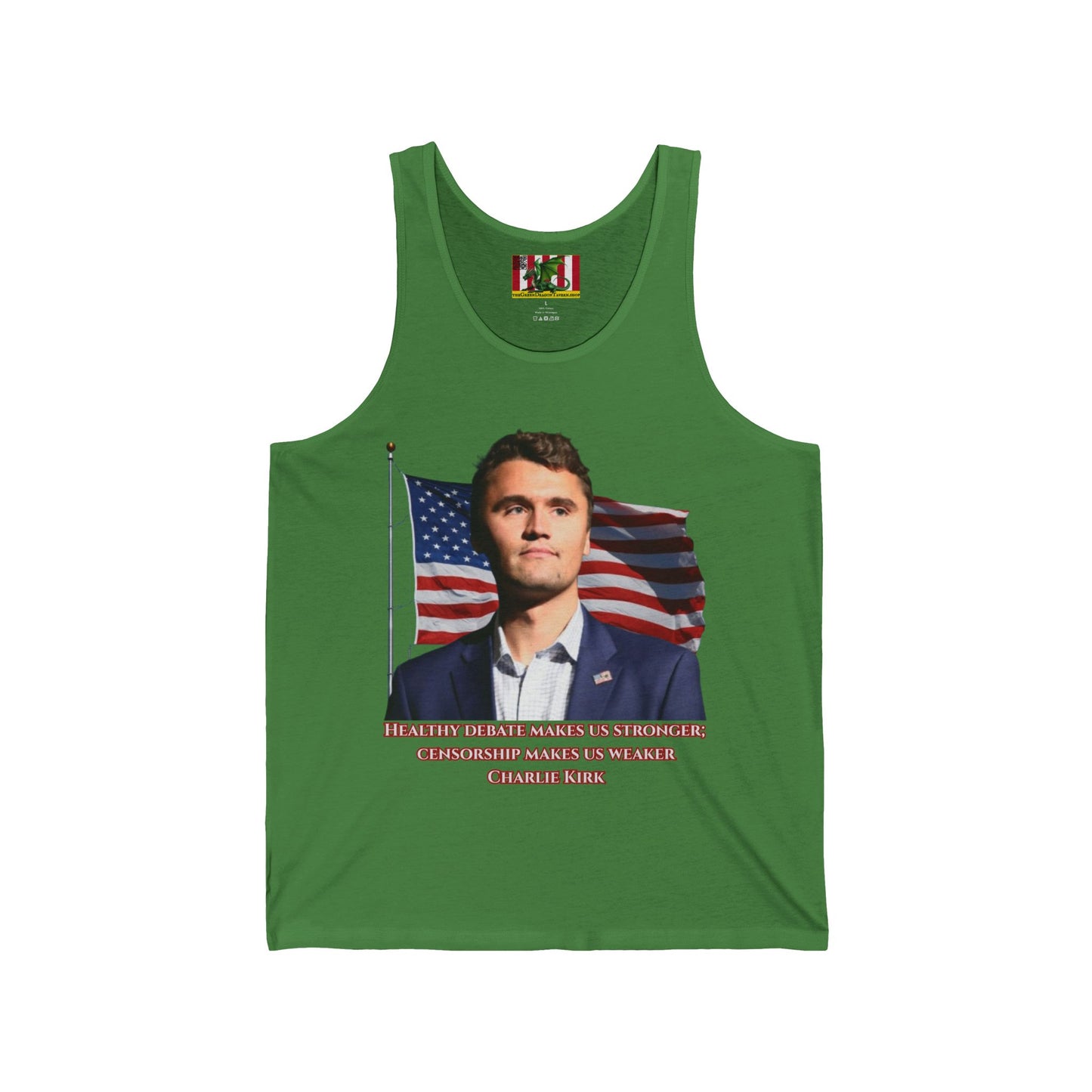 Charlie Kirk, Healthy Debate Unisex Jersey Tank Top by theGreenDragonTavern.shop