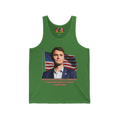 Charlie Kirk, Healthy Debate Unisex Jersey Tank Top by theGreenDragonTavern.shop