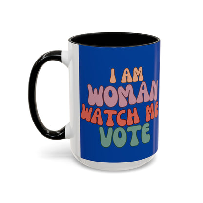 I Am Woman Watch Me Vote Dark Blue Accent Mug by theGreenDragonTavern.shop