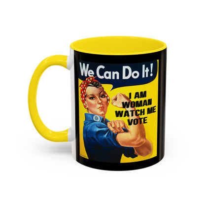 I Am Woman Watch Me Vote Rosie Black Accent Mug by theGreenDragonTavern.shop