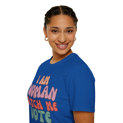 2-sided, I Am Woman Watch Me Vote Dark colors Unisex T-Shirt by theGreenDragonTavern.shop