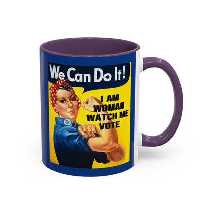I Am Woman Watch Me Vote Rosie Dark Blue Accent Mug by theGreenDragonTavern.shop