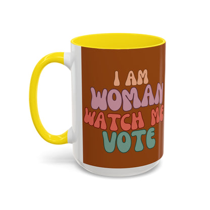 I Am Woman Watch Me Vote Brown Accent Mug by theGreenDragonTavern.shop