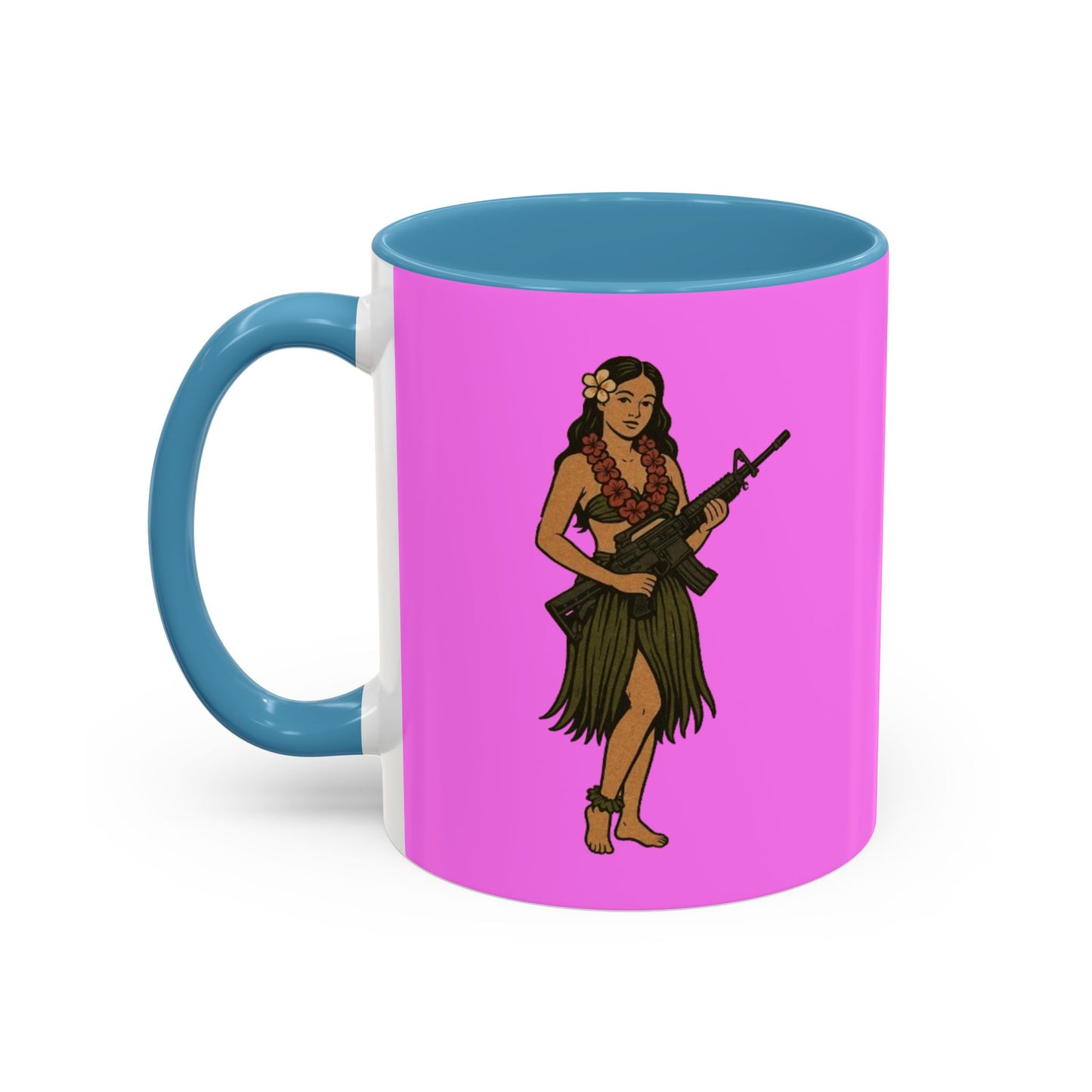 Hula Girl Packin' Heat Pink Accent Mug by theGreenDragonTavern.shop