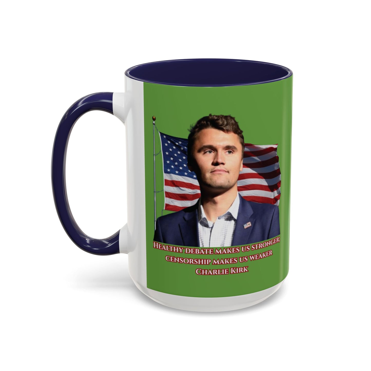 Charlie Kirk, Healthy Debate Green Accent Mug by theGreenDragonTavern.shop